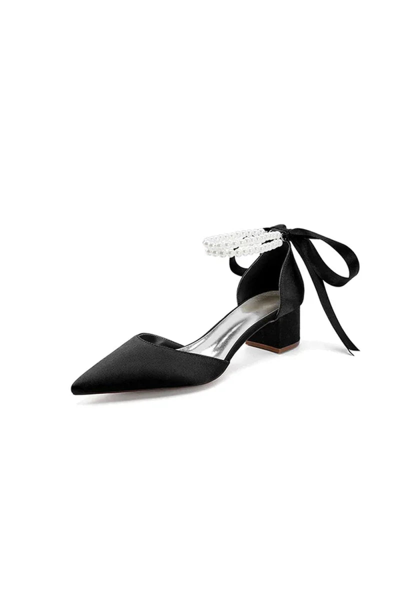 Pointed Toe Double Pearl Ankle Strap Party Shoes With Ribbon Tie