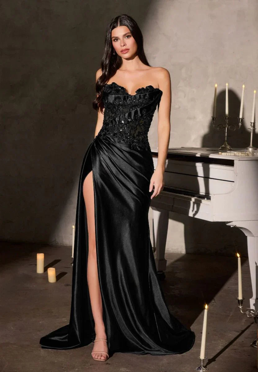 Leslie Gown Strapless Floral Beaded Evening Dress