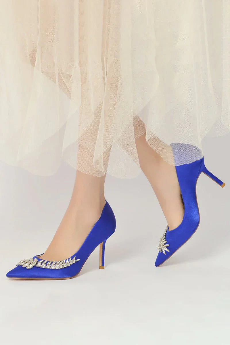 Crystal Side Pointed Toe Satin Pump