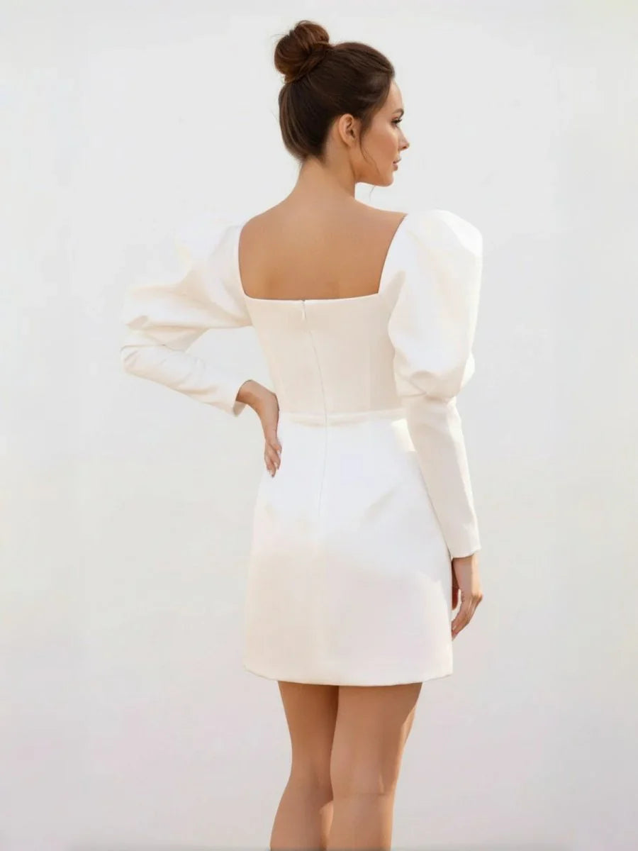 White Satin Short Wedding Dress with Puff Sleeves