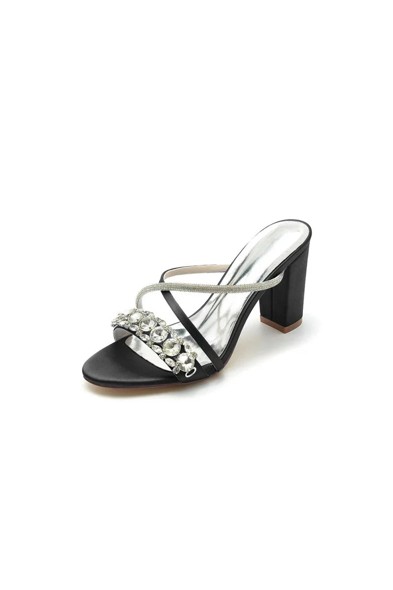 Silver Satin High Heels with Crystal and Metal Embellishments