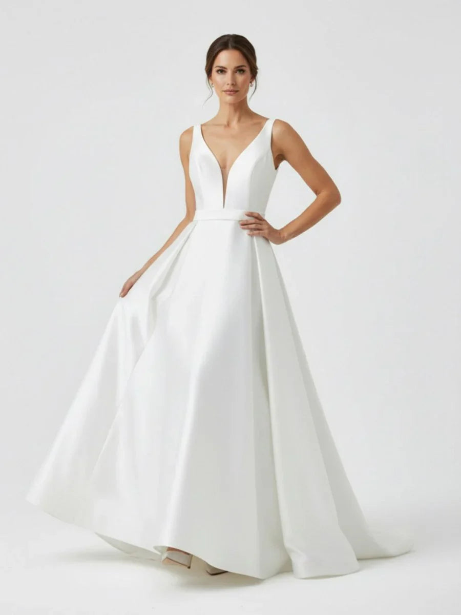 Ivory A Line Deep V Neck Long Wedding Dress with Bowknot