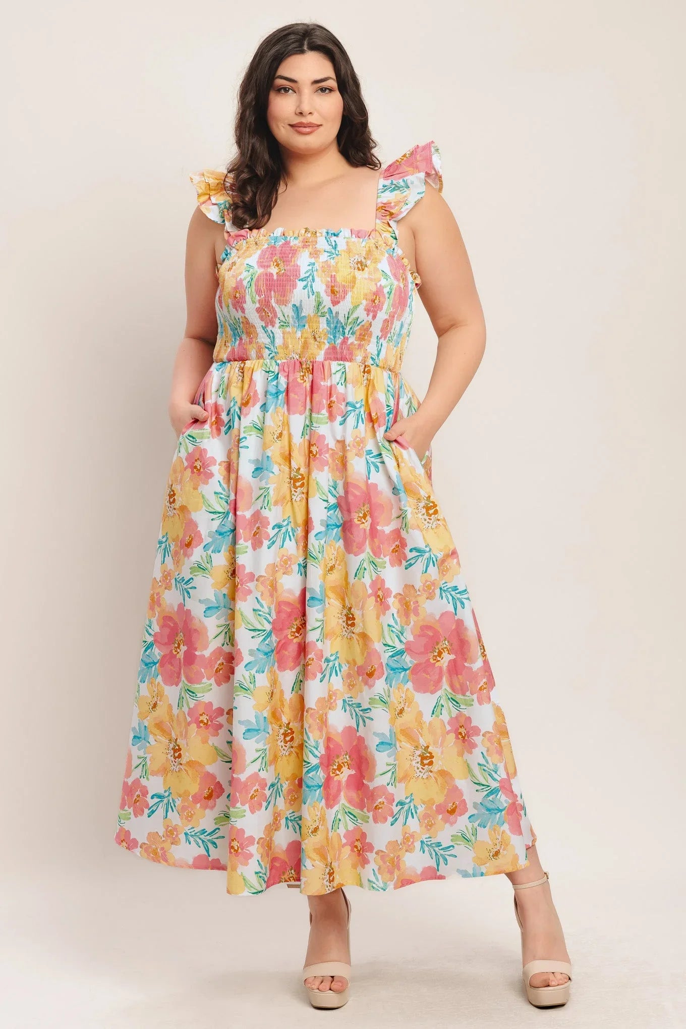 SOFT SUNSHINE FLORAL MIDI DRESS