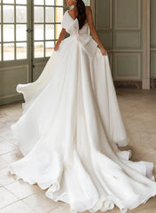 A Line One Shoulder Organza Sweep Train Wedding Dress With Appliques Lace