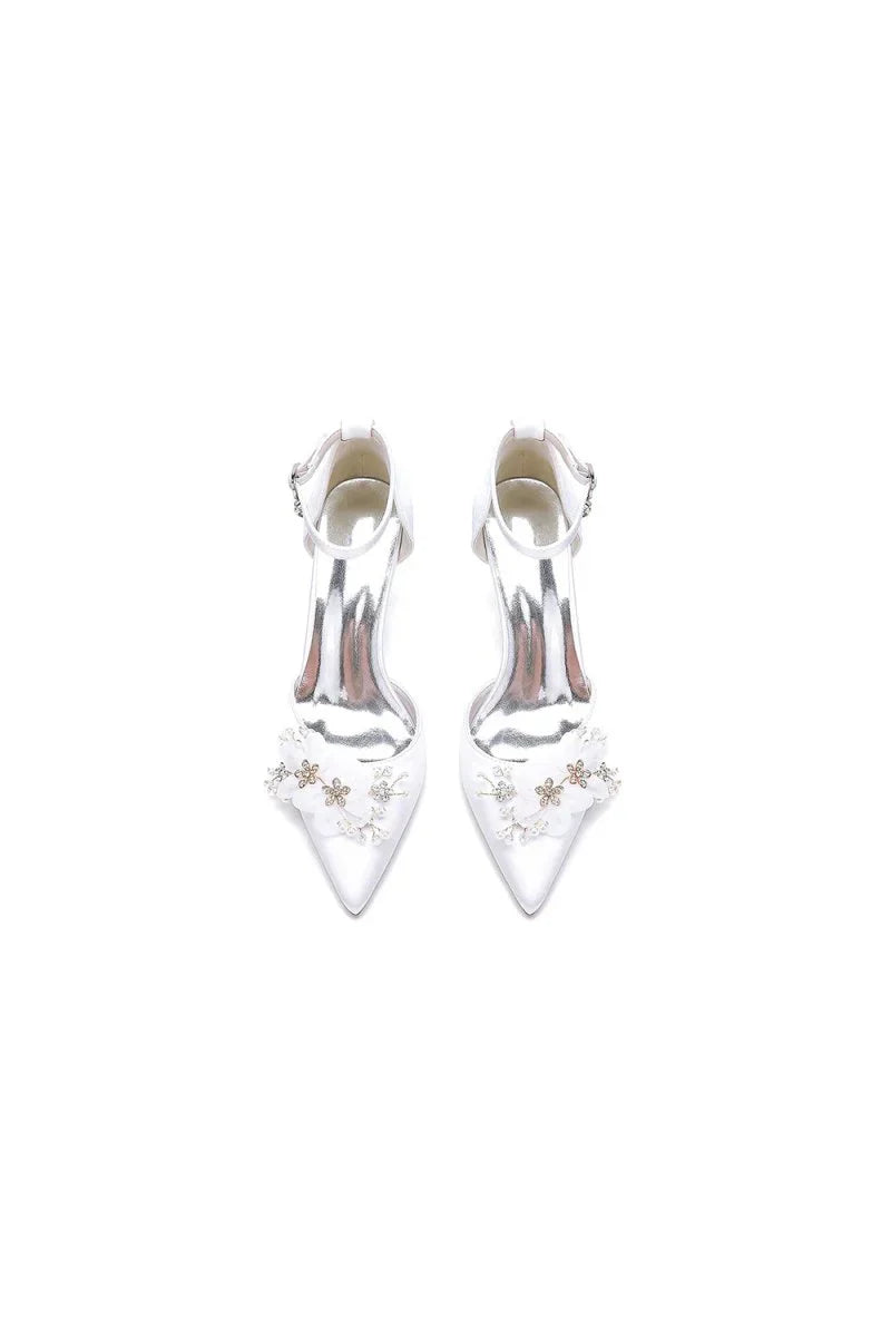 Womens Wedding Shoes Pointed Toe Ankle Strap Stiletto Heels with Rhinestone Flower