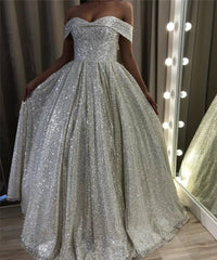 Shiny Silver Sequin A Line Wedding Dresses Off the Shoulder
