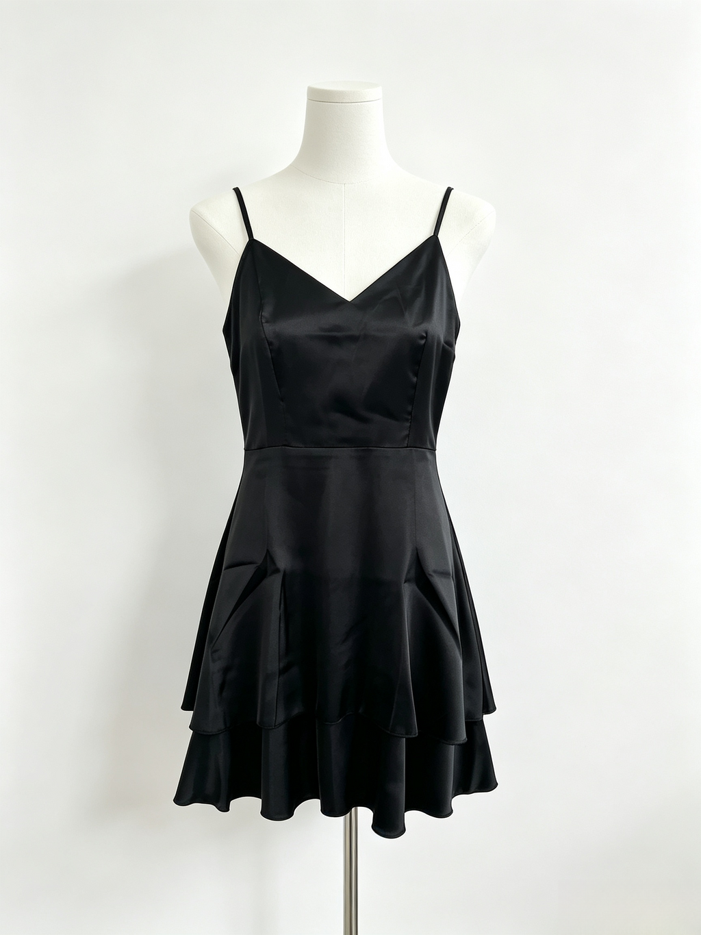 Black Satin Tiered Mini Cami Dress