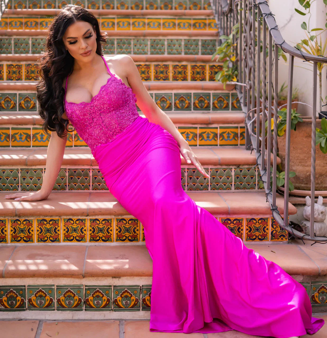 Rylie Gown Fuchsia Stretch Fitted Dress With Lace Bodice
