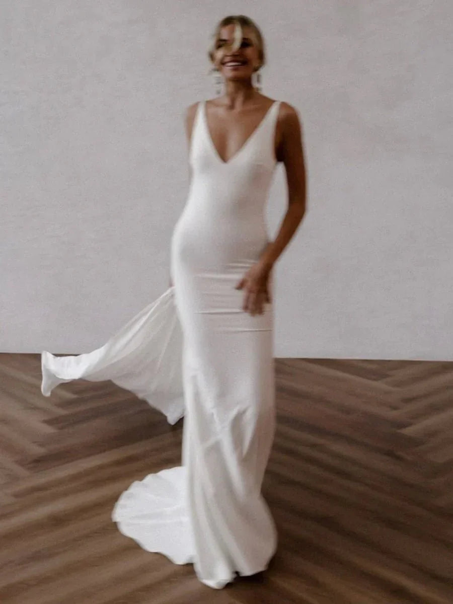 Mermaid Deep V Neck Backless White Wedding Dress