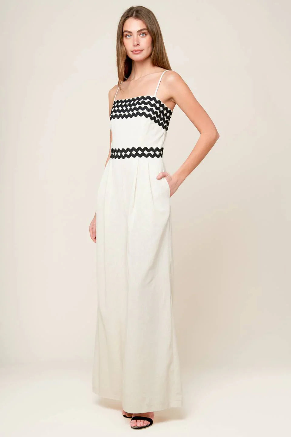 MEET AT THE PIER CREAM RIC RAC TRIM WIDE LEG JUMPSUIT
