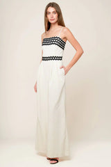 MEET AT THE PIER CREAM RIC RAC TRIM WIDE LEG JUMPSUIT