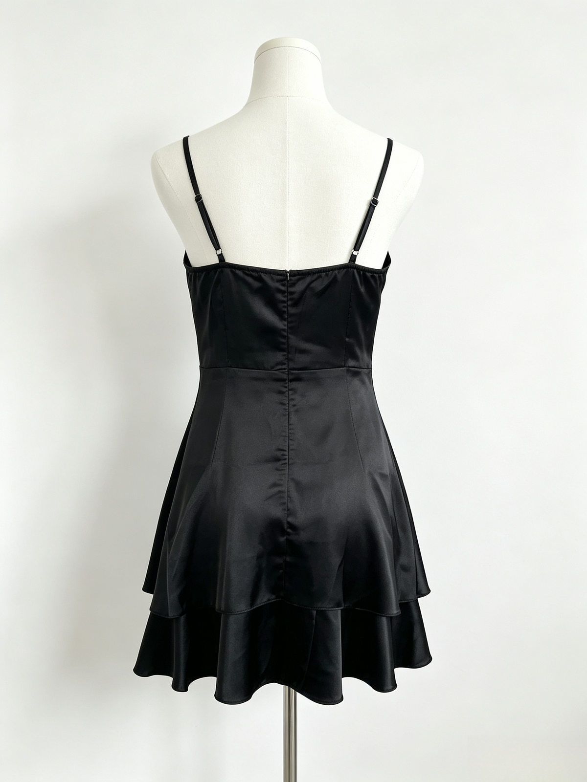 Black Satin Tiered Mini Cami Dress