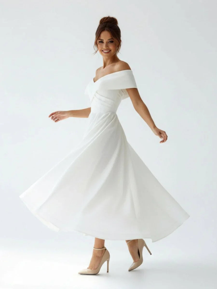 A Line Satin Tea Length White Off the Shoulder Wedding Dress