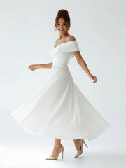 A Line Satin Tea Length White Off the Shoulder Wedding Dress