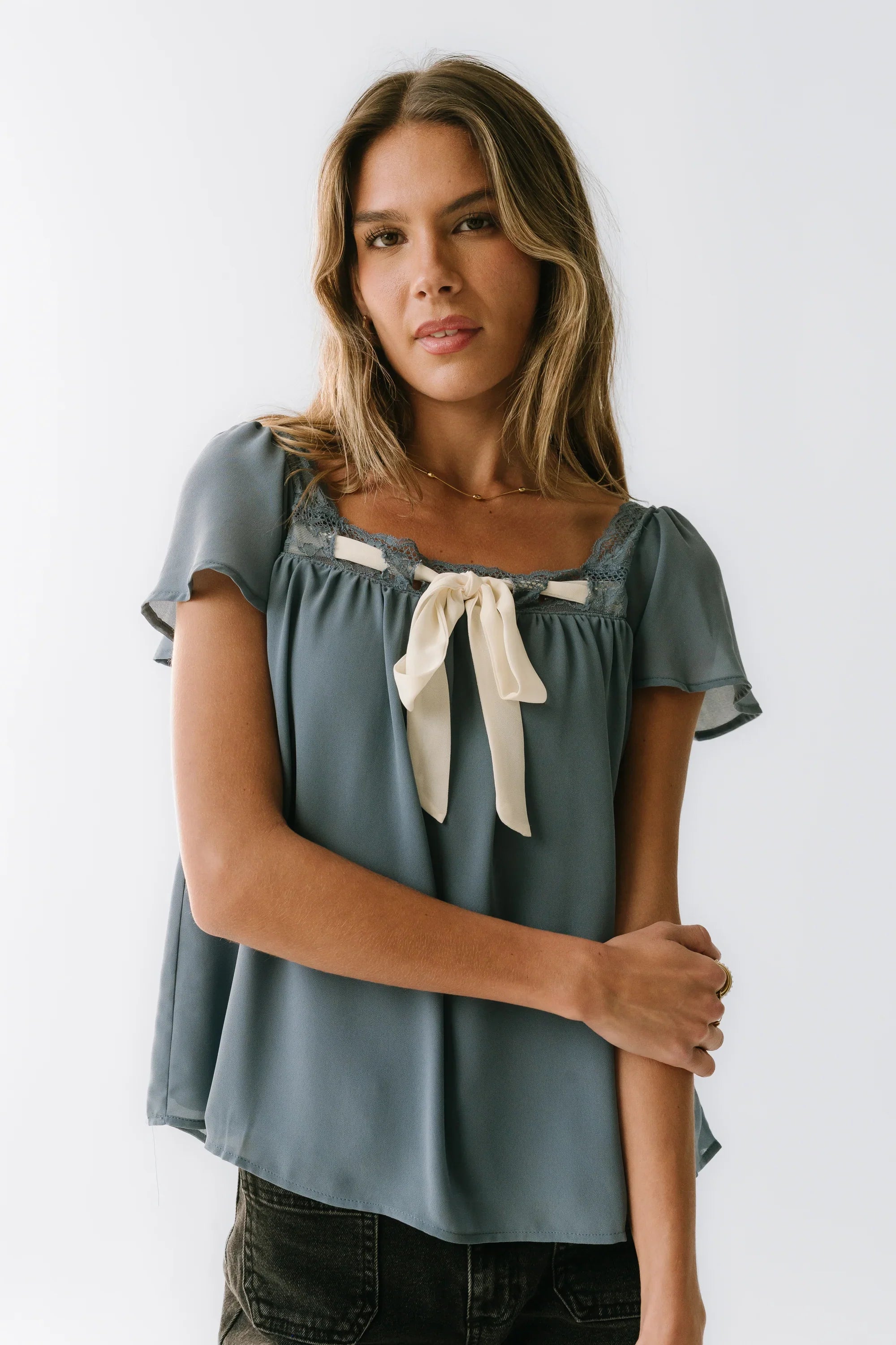 Gianna Lace Trim Blouse in Blue FINAL SALE