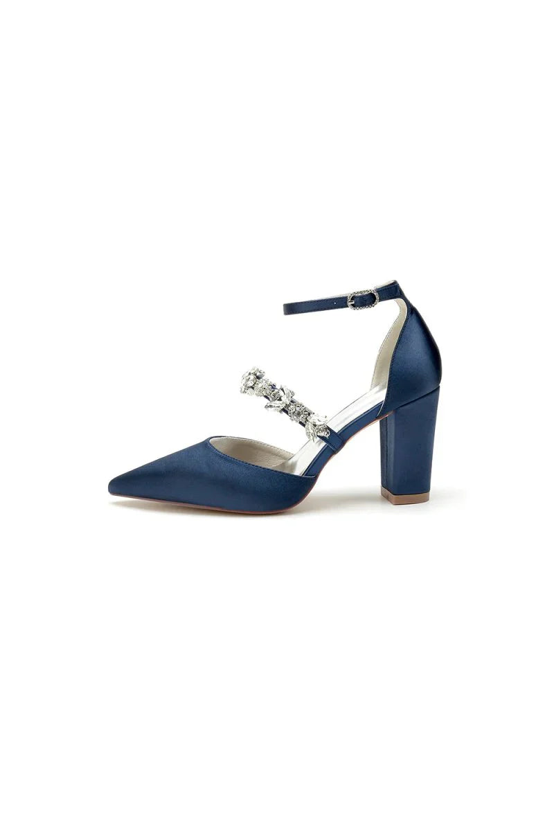 Satin Pointed Toe Rhinestone Strappy Chunky Heels