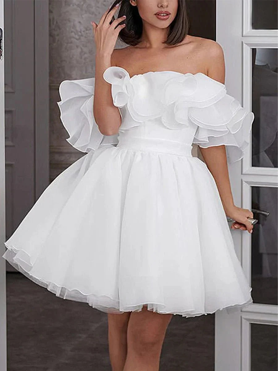 A Line Off The Shoulder Sleeveless Short Mini Organza Wedding Dresses