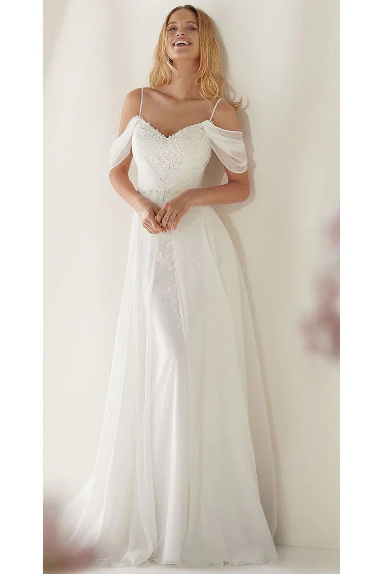 A Line Spaghetti Straps Off the Shoulder Sweep Train Wedding Dress