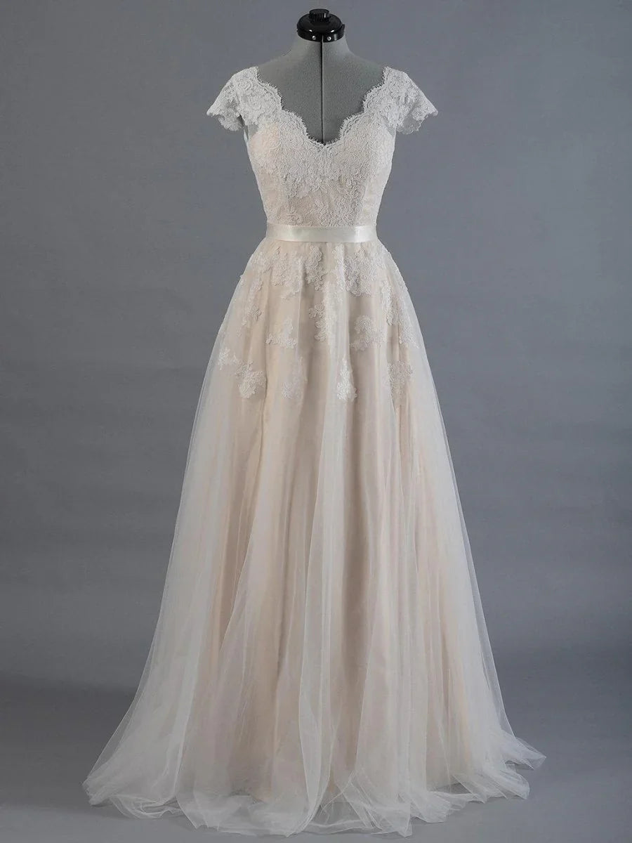 Cap Sleeve V Neck Lace Tulle Wedding Dress With Zipper Back
