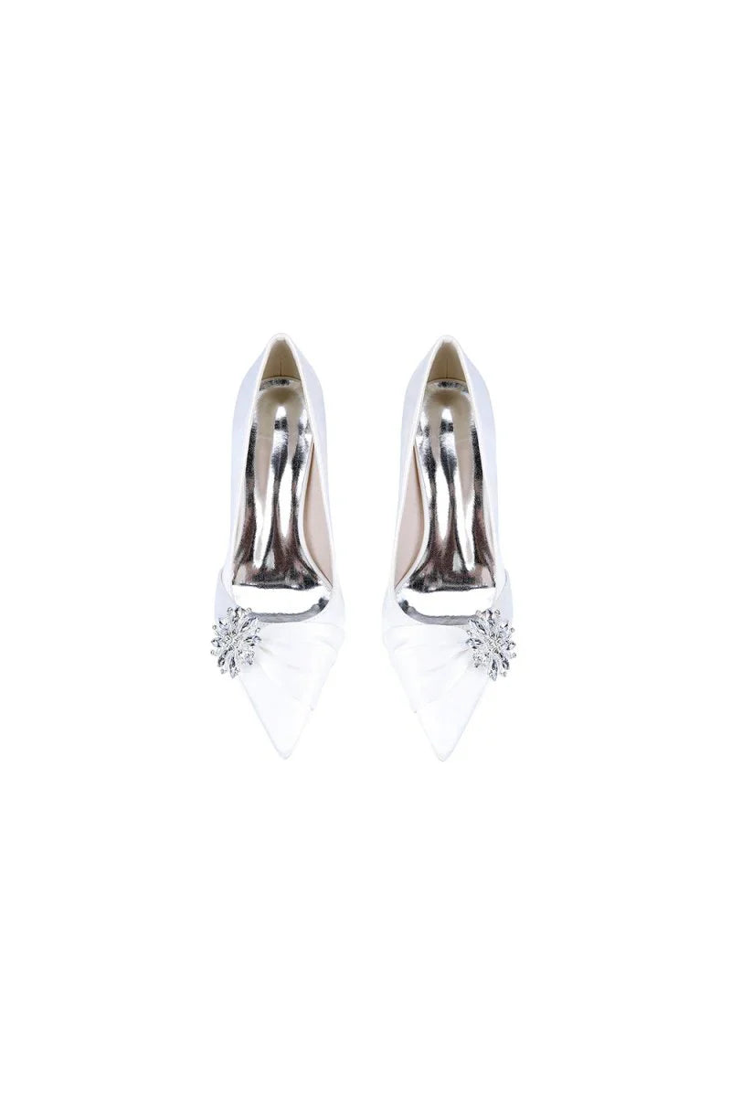 Champagne High Heels with Crystal Flower Embellishment