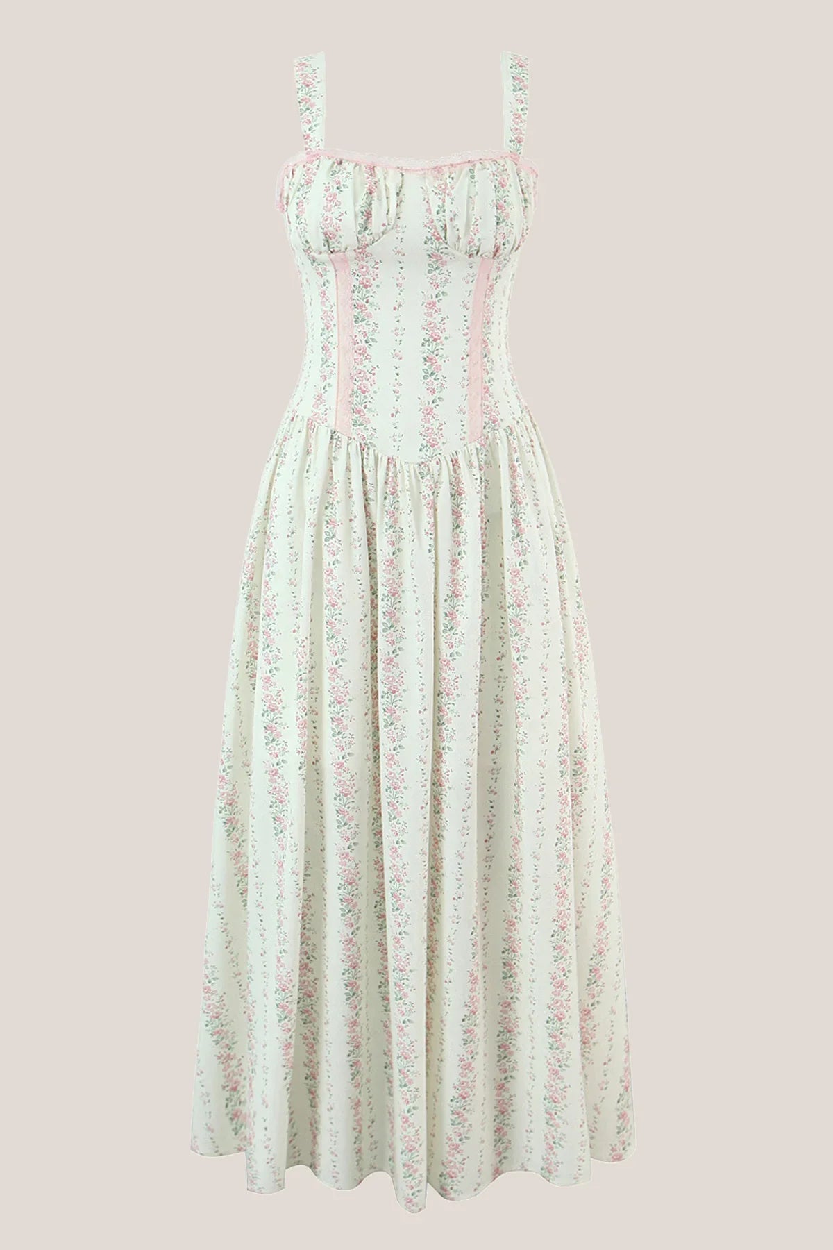 White Vintage Rose Printed A Line Cotton Midi Dress