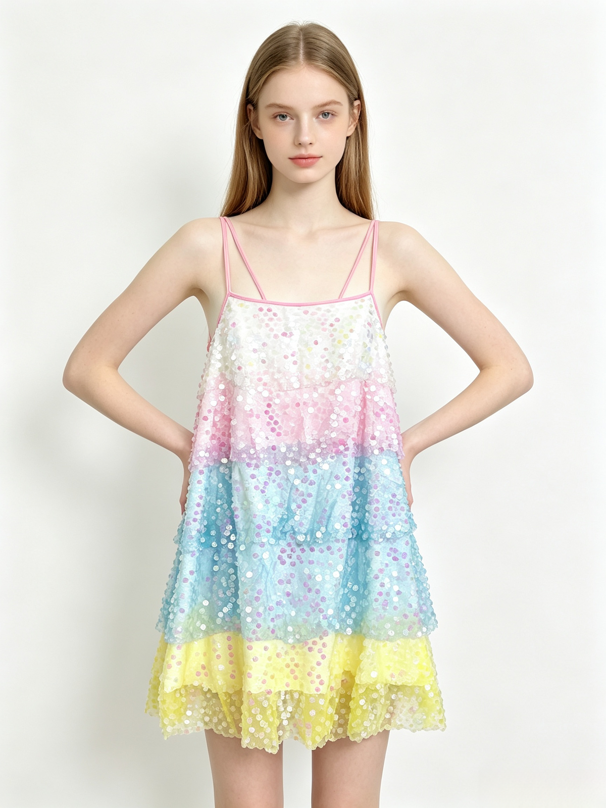 Rainbow Sequin Tiered Tie Back Mini Dress