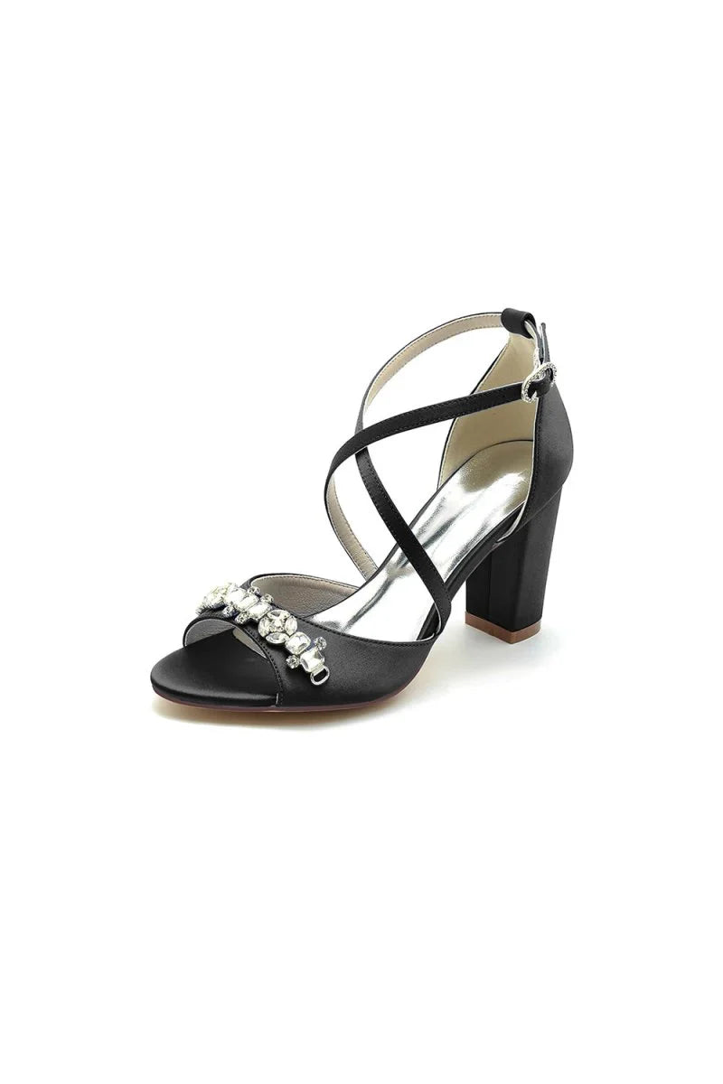 Champagne Cross Strap High Heels with Crystal Embellishments