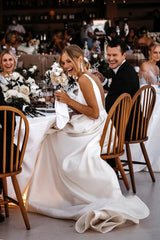Attractive Deep V Neck White Satin Bohemian Wedding Dress