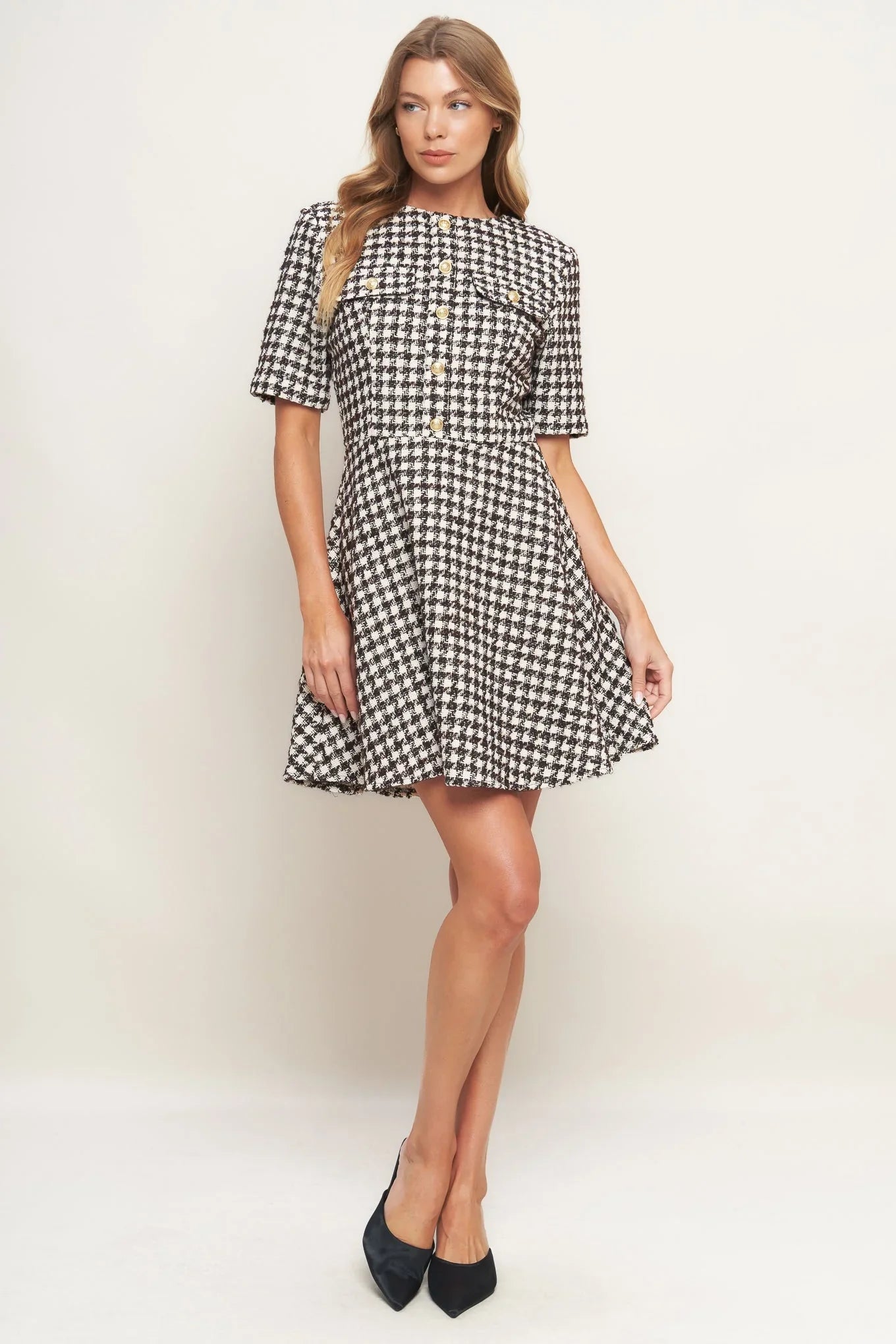 ELEGANT CHECK BROWN TWEED MINI DRESS