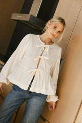 Lucie Peplum Tie Blouse in Cream FINAL SALE