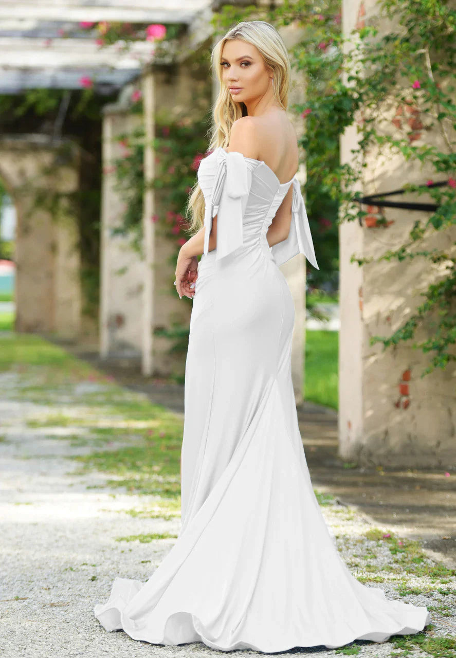 Amber Gown Off White Off Shoulder Stretch Spandex Satin Dress With Ties