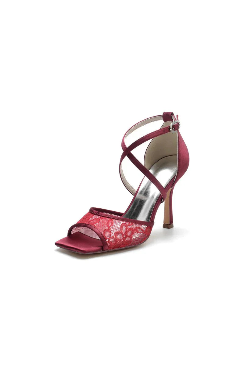 Lace Square Open Toe Cross Strap Chunky Heels