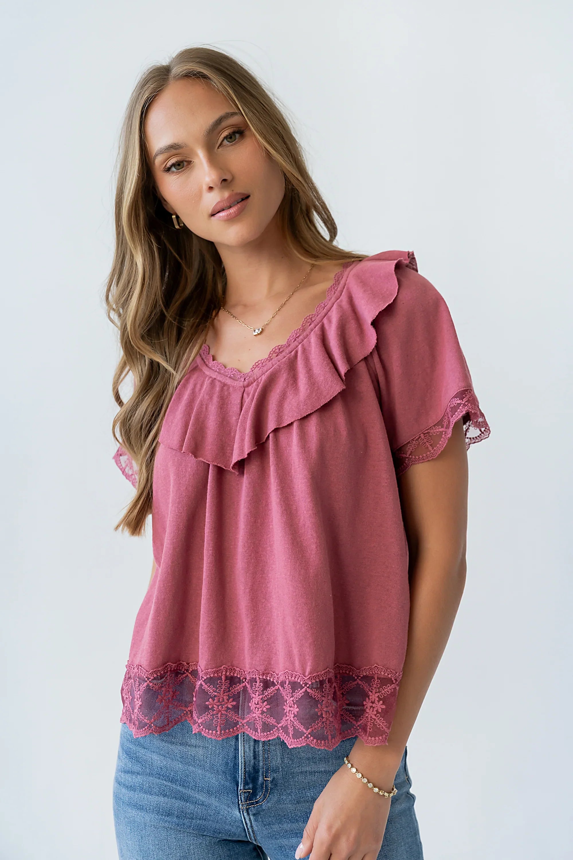 Lilian Lace Trim Top in Berry