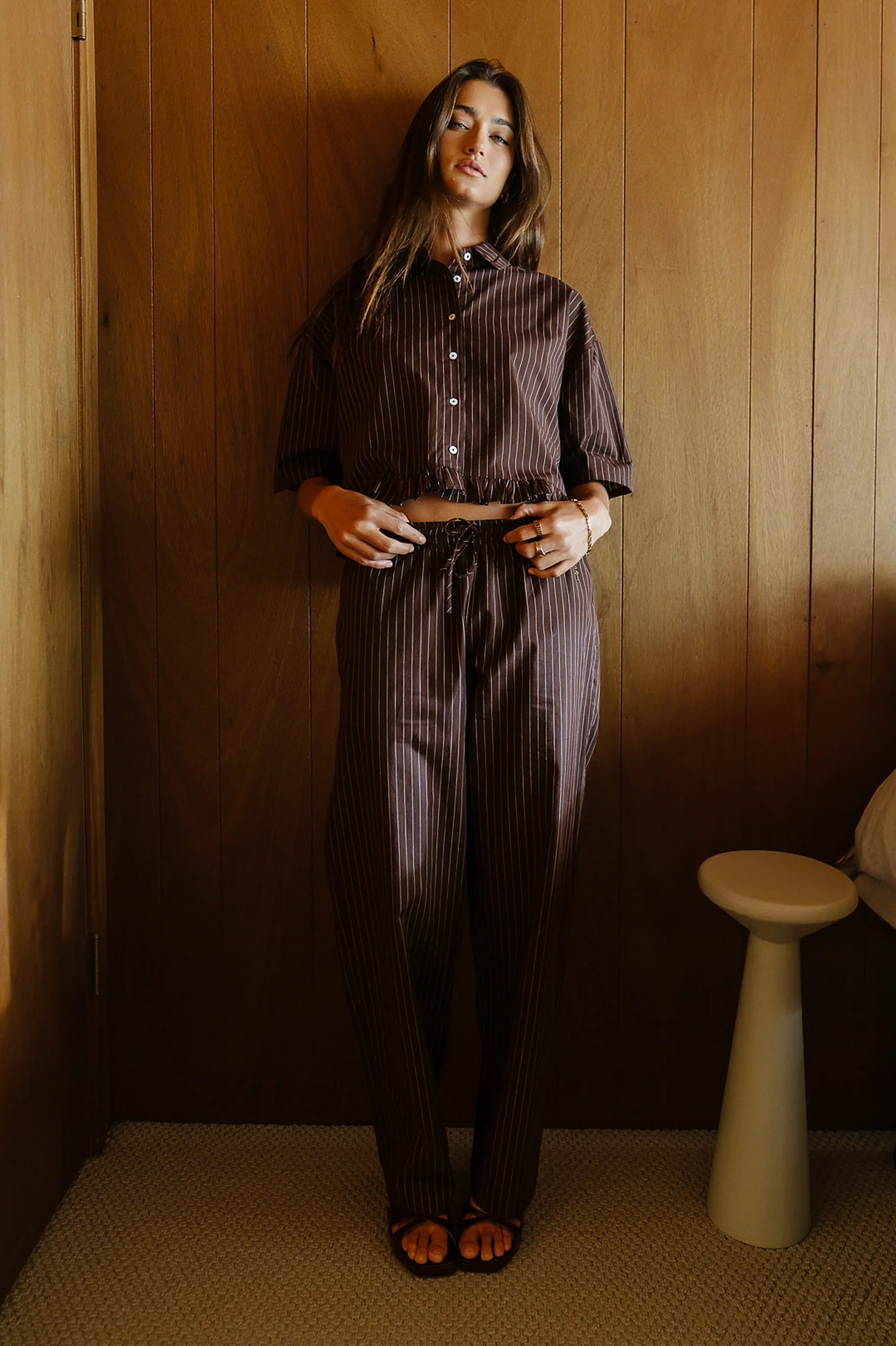 Melody Pinstripe Wide Leg Pants in Dark Brown