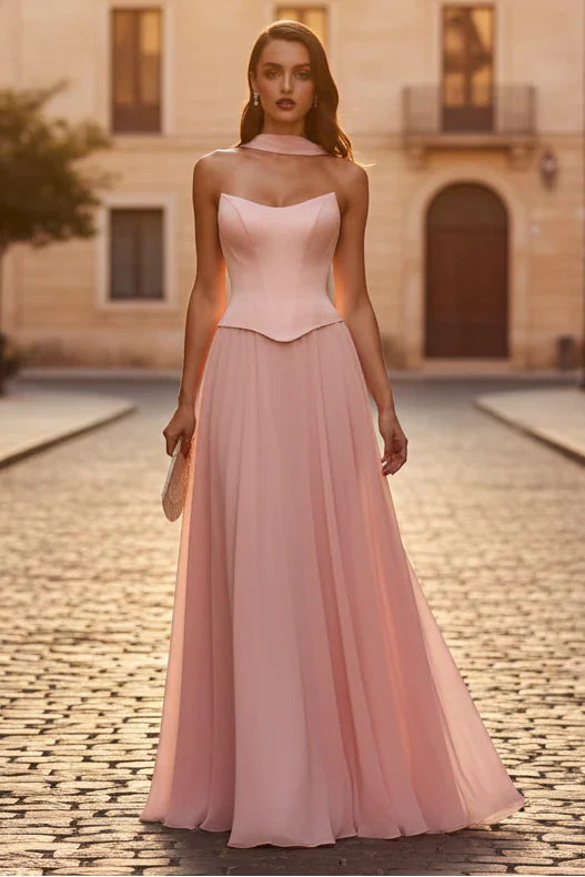 ISABELLA GOWN STRAPLESS CHIFFON DRESS WITH SCARF