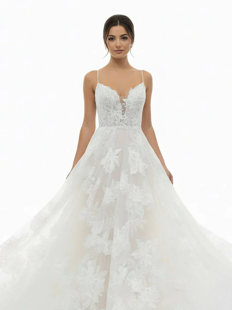 Boho White A Line Lace Appliques Wedding Dress