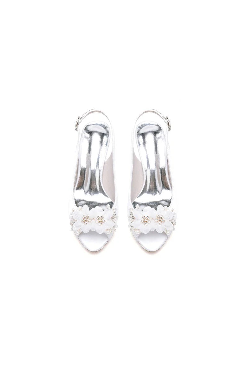 Peep Toe Slingback Beaded Chunky Wedding Shoes with Flowers