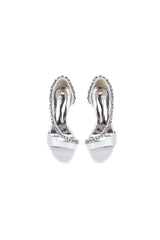 White Satin High Heels with Crystal and Chain Embellishments