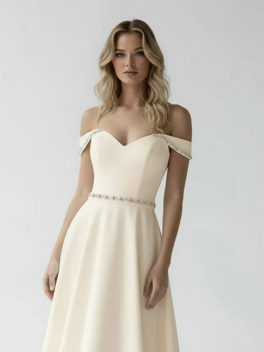 A Line Off the Shoulder Beaded Wedding Dress
