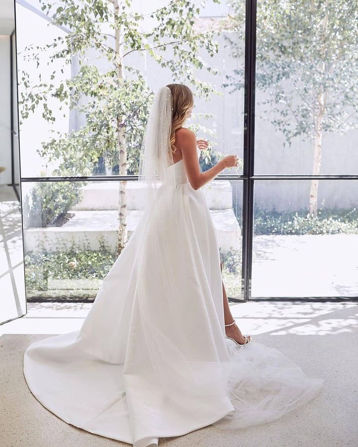 A Line White Sleeveless Satin Wedding Dress With Side Slit