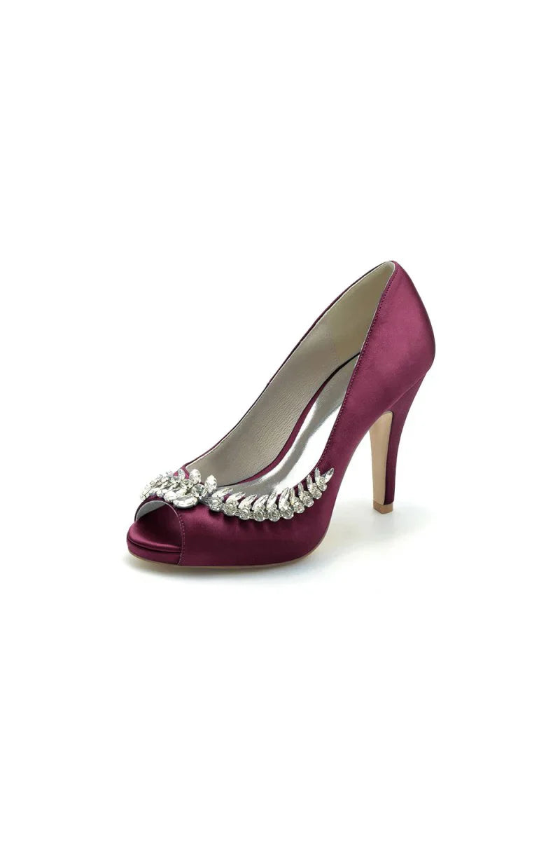 Satin Peep Toe Slip on Rhinestone High Heels