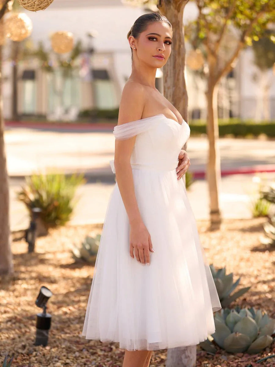 Sweet A Line Off The Shoulder Little White Tulle Wedding Dresses