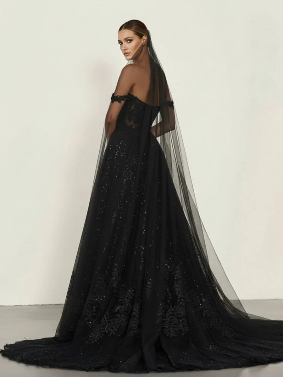 A Line Black Gothic Wedding Dresses with Sequin Lace Appliques