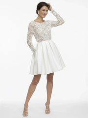 Simple A Line Short Knee length Satin Lace Bateau Long Sleeve Wedding Dress