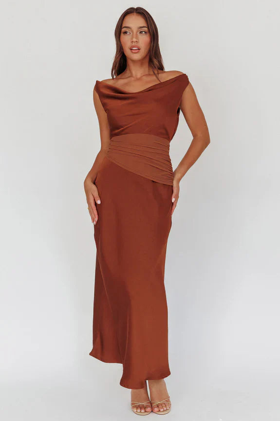 JUDY MAXI COCOA BROWN SATIN DRESS WITH OPEN BACK