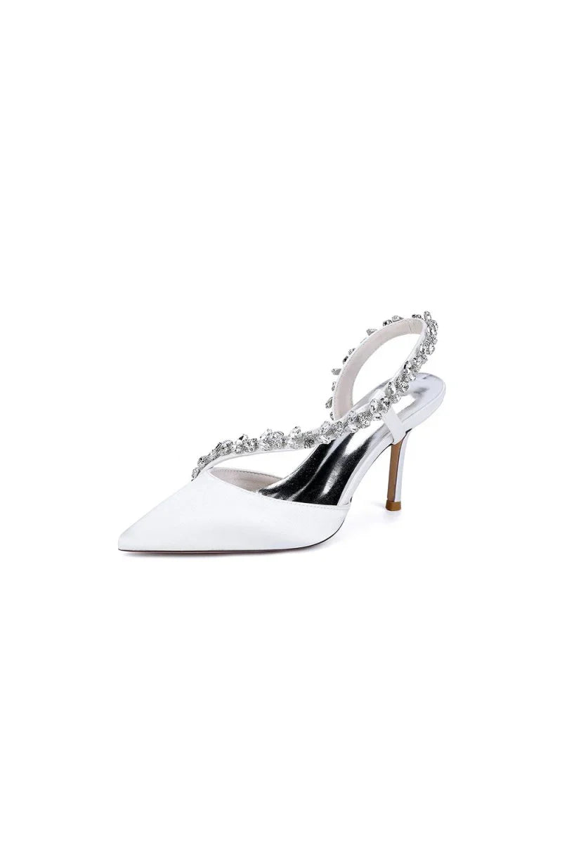 White Satin High Heels with Crystal Embellishments