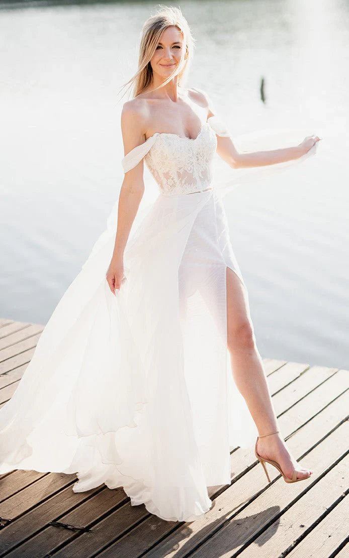 A Line Lace White Lace Up Off the Shoulder Wedding Dress with Slit