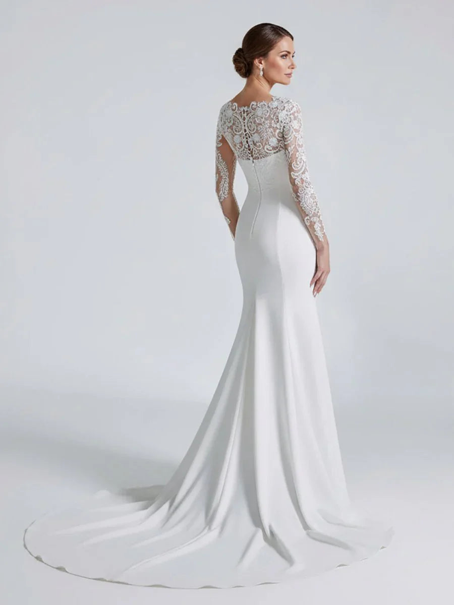 Mermaid White Lace Appliques Beaded Wedding Dress