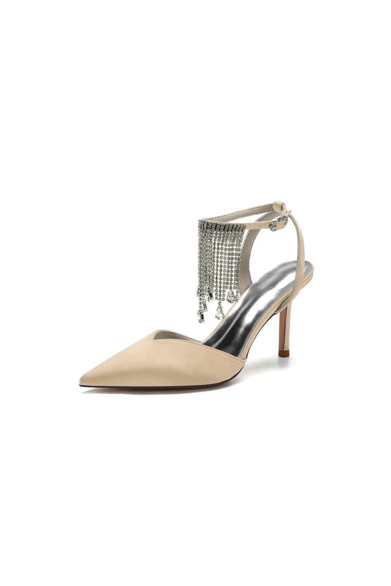 Pointed Toe Crystal Tassel Strap Heels