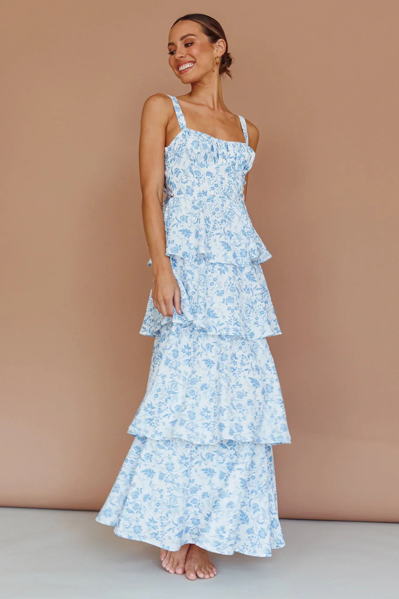 Molly Maxi Dress Blue Floral Tiered Dress with Bow